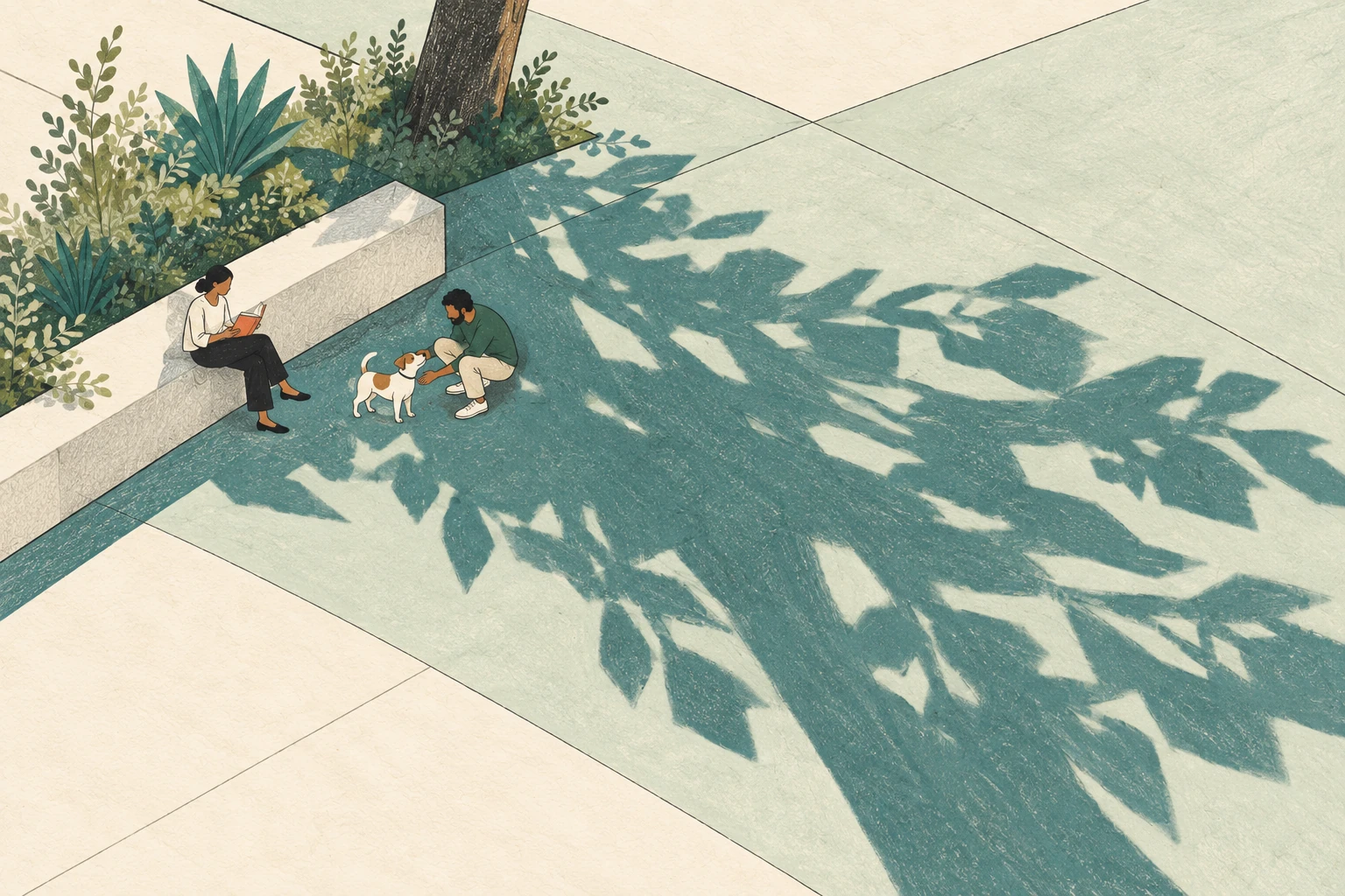 Two people and a small dog pause beside a courtyard bench under broad tree shadows.