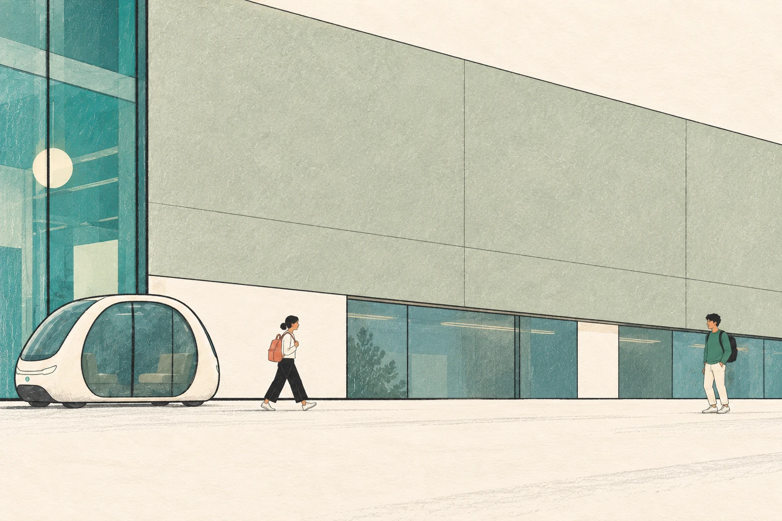 People and a small pod outside a quiet district building.