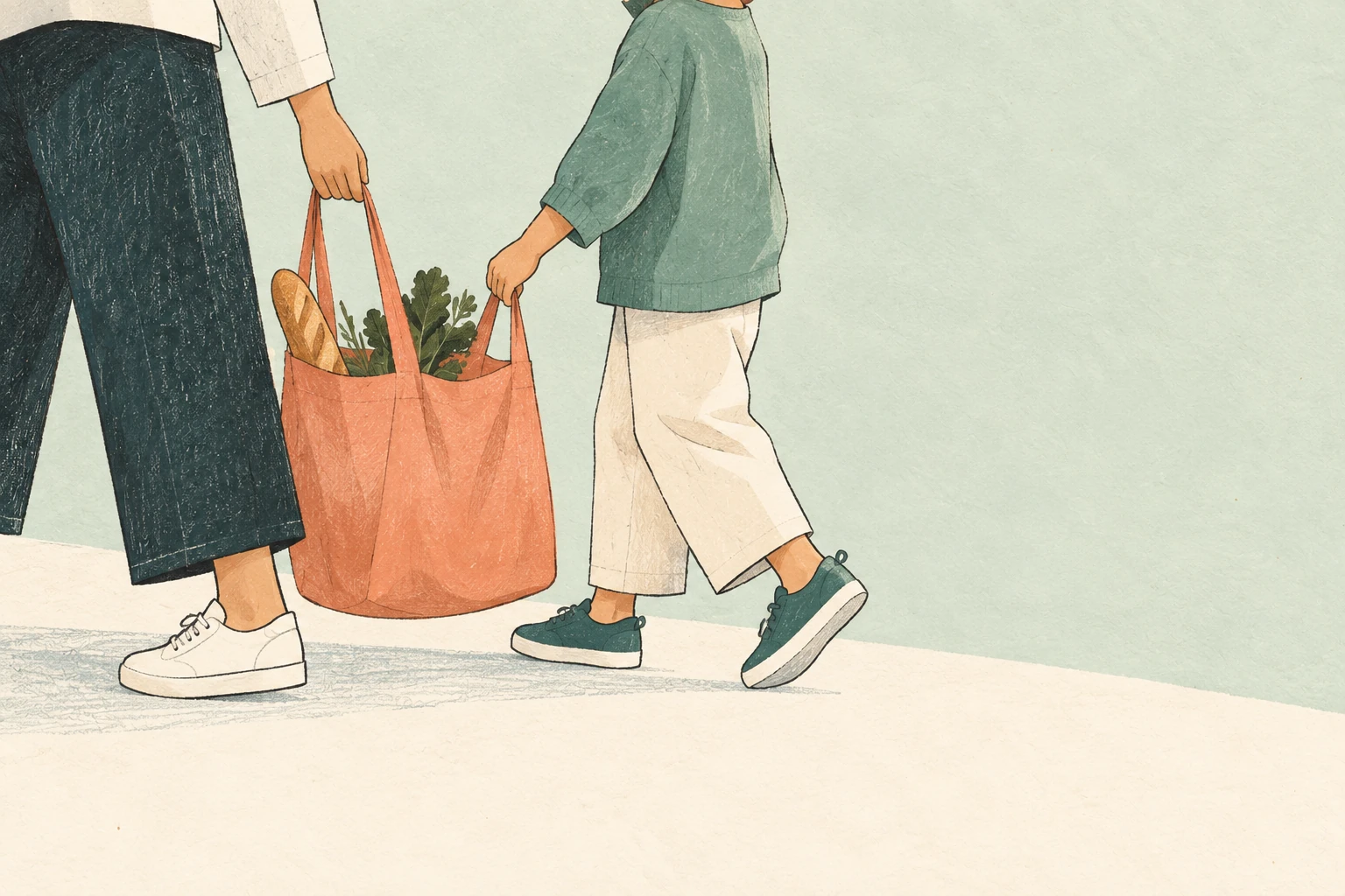 An adult and child carry a coral grocery bag together.