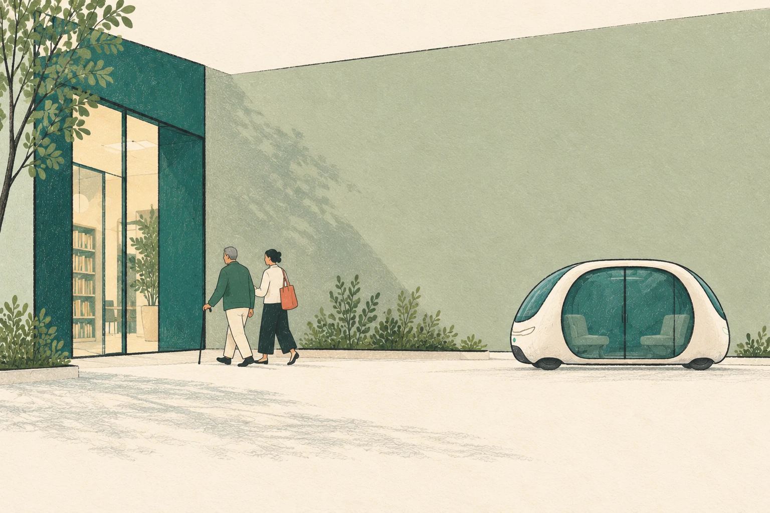 Two people approach a neighborhood entrance, with a small Loope pod nearby.