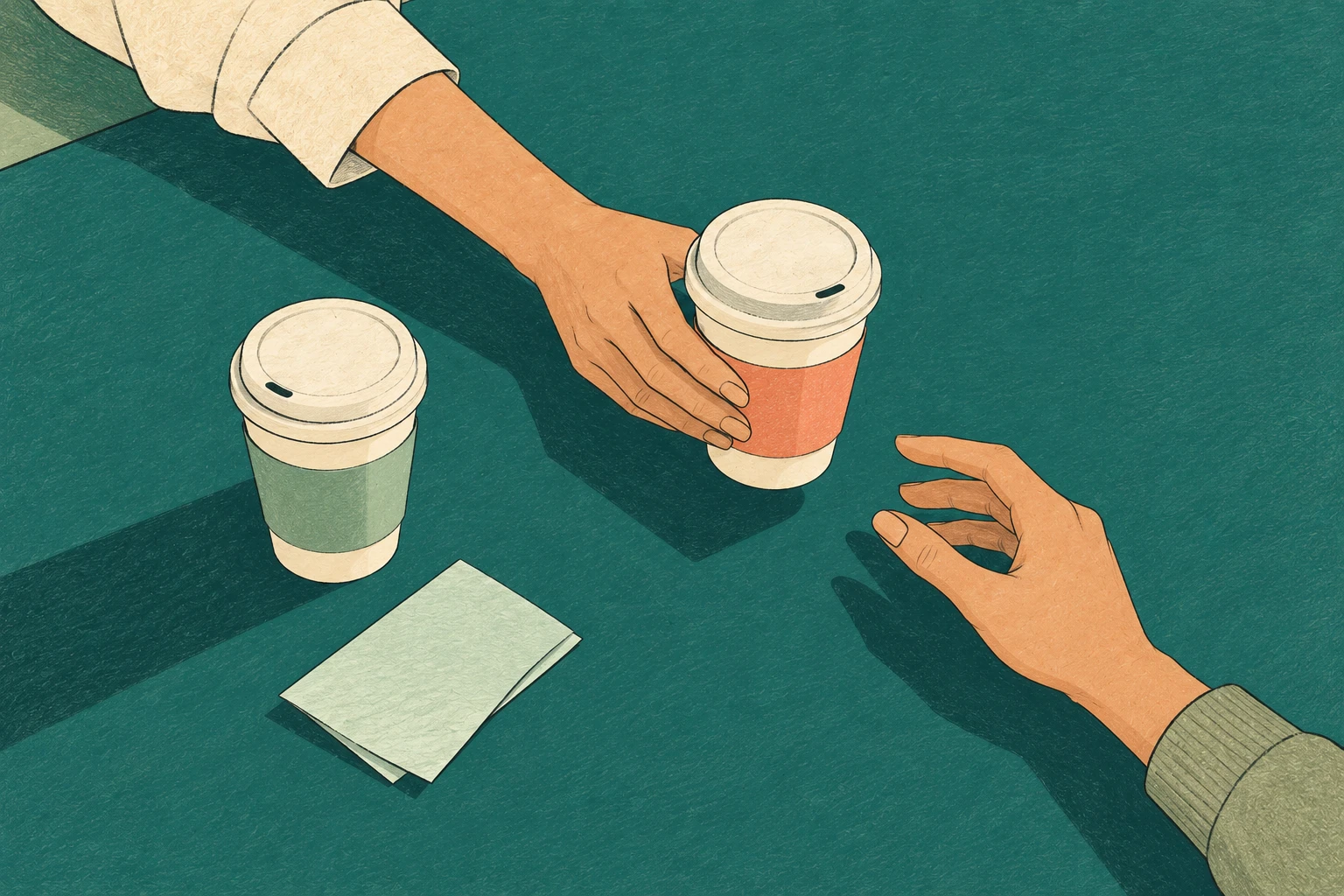 An illustrated exchange of coffee across a teal table.